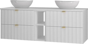 Biały Zestaw Łazienkowy 140cm Szafka z Blatem Regał Umywalka Ryflowane Fronty Arcos