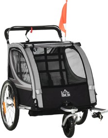 HOMCOM Przyczepka rowerowa dla dzieci, wózek do pchania, z hamulcami, składana, na 2 dzieci, Szary/Czarny