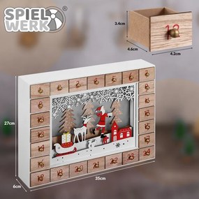 Spielwerk Drewniany kalendarz adwentowy ŚWIĘTY MIKOŁAJ z oświetleniem, 35x6x27cm, biała/brązowa