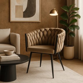 Krzesło Tapicerowane Plecione do Salonu ELENA Beżowe Welurowe Nowoczesne Loft