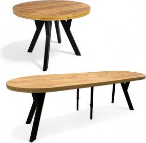 Stół okrągły Czarny + DĄB CRAFT Ø 90/240 cm + nogi metalowe Y czarne