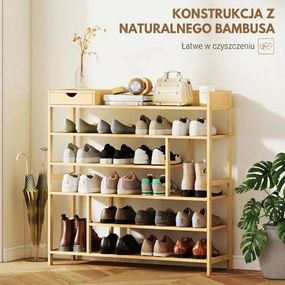 HOMCOM Regał na buty, stojak na obuwie z 6 półkami, szuflada z bambusa, dla maks. 18 par butów, regał do korytarza, sypialni, 101 x 30 x 100 cm, naturalny