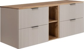 Szafka łazienkowa ryflowana FLOW 140 cm kaszmir z regałem i blatem dąb craft złoty