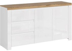 Komoda Dwudrzwiowa z Szufladami Drewniana do Salonu HAVEN 156 cm Biały Połysk/Dąb Wotan Nowoczesna