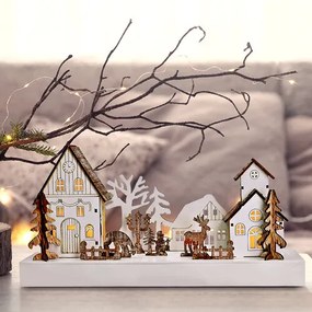 Solight LED wioska świąteczna, 34 x 17 cm, drewno, 4 diody LED, 2x AA