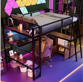 Łóżko piętrowe metalowe dla dzieci - 140 x 200 cm - ze zintegrowanym biurkiem + oświetlenie LED + schowek - czarne