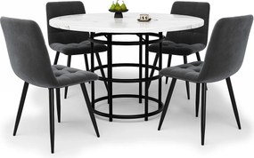 Zestaw okrągły stół jadalny + 4 krzesła welurowe - D 100 x W 76 cm - Nogi z płyty MDF i metalu - Efekt marmuru - Biały + czarny