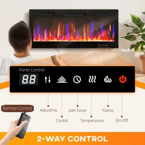 HOMCOM Kominek elektryczny, montaż ścienny, regulowane płomienie, termostat, timer, stal, czarny