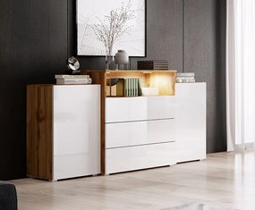 Komoda 150 cm do salonu – nowoczesna stojąca z 3 szufladami, wnęką i szafkami bocznymi, korpus wotan mat i fronty biały połysk