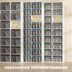 HOMCOM Regał na 835 płyt CD lub 500 płyt DVD, regał na media Blu-ray z 27 przegródkami i 21 regulowanymi półkami, biały | Aosom PL