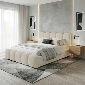 BESILIO Łóżko z grubej pianki 120x200 boucle Milly - łóżko z pojemnikiem i stelażem - Beżowy