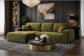 Narożnik w kształcie L z funkcją spania i pojemnikiem Ivo L, tkanina welurowa Salvador, Oliwkowy, Lewy