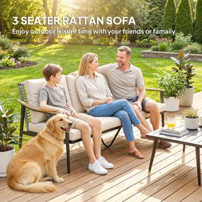 Outsunny Trzyosobowa sofa ogrodowa z rattanu z wyjmowanymi poduszkami, podłokietnikami w kolorze drewna, stalową ramą, khaki | Aosom PL