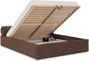 Brązowe tapicerowane łóżko dwuosobowe ze schowkiem i stelażem 180x200 cm Cille – Ropez
