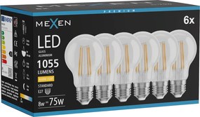 Mexen Vintis 6x żarówka filament LED E27, A60, 8W, Ciepła - 2700K, 1055 lm, clear - L150-E27-0827-00x06