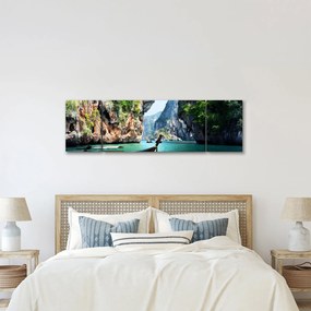 Obraz - Wodny śródziemnomorski krajobraz z łodzią (170x50 cm)