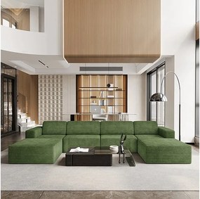 Duża Modułowa Sofa Narożna w Welurze Żebrowanym, 4-osobowa i 2 pufy, 404x202x82cm, Zielony