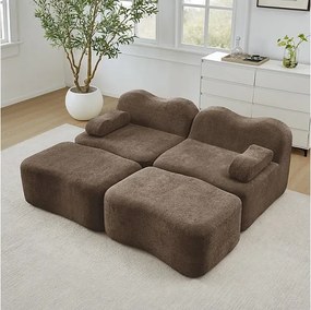 Canapé 2 places d'angle modulable en velours, avec 2 pouf, 192x167x70cm, Marron