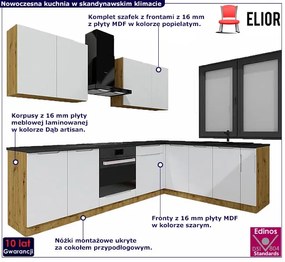 Komplet narożnych szafek kuchennych 260 cm dąb artisan + szary Onex