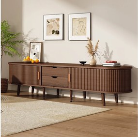 Owalna szafka pod telewizor z orzecha - Stolik pod TV z 2 szufladami i 2 drzwiami przesuwnymi - 4 regulowane na wysokość centralne nogi