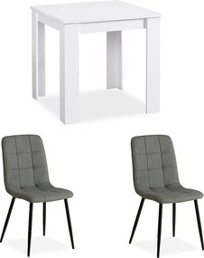stół jadalniany 80x80x75 cm biały z 2 szarymi krzesłami lnianymi