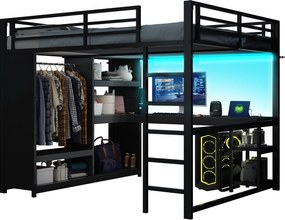 Łóżko na antresoli 160×200 cm - z LED - z biurkiem i otwartą szafą - Metalowe - Czarne (bez materaca)