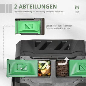 Outsunny Pojemnik na Kompost z 2 Przegrodami Obrotowy 160L Zielony Czarny 71x65x96cm | Aosom PL