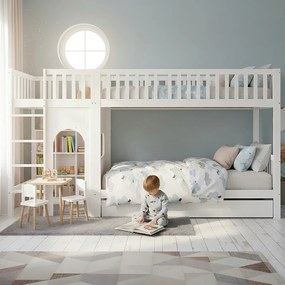 Łóżko piętrowe dla dzieci - 2 x 90 x 200 cm - z barierkami zabezpieczającymi + szuflady - sosna + płyta MDF - białe