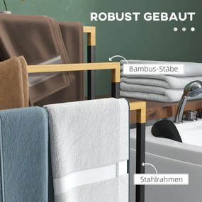 kleankin Zestaw Wieszaków na Ręczniki z 3 Drążkami, Styl Industrialny, Bambus, 45 x 22,5 x 86 cm, Czarny + Natural