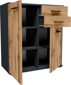 Komoda nowoczesna z 2 szufladami i półkami grafit + dąb wotan G5-N44