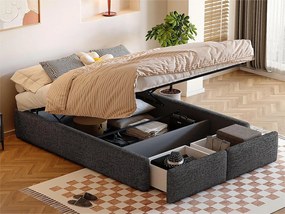 Łóżko podwójne tapicerowane 140x200cm bez zagłówka - z 2 szufladami - Tkanina lniana - Szary