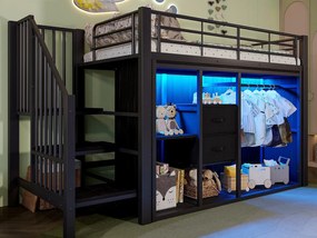 Łóżko na antresoli 90x200 cm - z 2 szufladami - otwarta szafa - z oświetleniem LED - przegrody przechowawcze - czarny (materac nie jest dołączony)