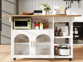 Wyspa kuchenna - wózek na kółkach z rozsuwanym blatem - 2 drzwi i 3 otwarte przegrody - Biały