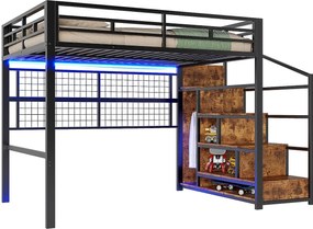 Łóżko piętrowe dla dzieci - 140 x 200 cm - z szafą + schowkiem na klatce schodowej + diodami LED - Metal + MDF - czarny