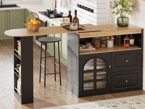 Obrotowy mebel barowy 360° i chowany - z 2 szufladami i 1 drzwiami - otwarte półki - czarny + naturalny