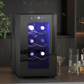 HOMCOM Chłodziarka do wina na 8 butelek, 21 l, termoelektryczna, regulowane półki, oświetlenie LED, czarna | Aosom PL