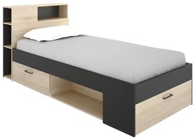 Łóżko z zagłówkiem,  ze skrzynią i szufladą - 90x190 cm - Kolor: naturalny i antracyt - LEANDRE