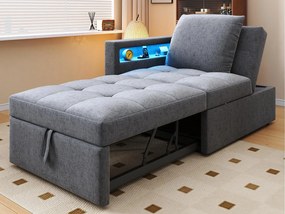 Wielofunkcyjna kanapa rozkładana - regulowane oparcie - podłokietniki z LED-owymi paskami świetlnymi - Port USB/Type-C - Jasnoszary