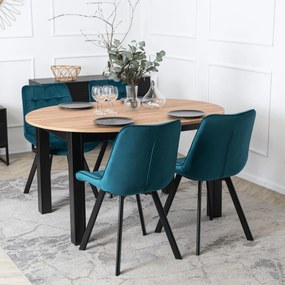 Zestaw Stół Okrągły Rozkładany HARRY 102-142 cm Dąb Craft/Czarny i 4 Krzesła Tapicerowane RICK Turkusowe Nowoczesne