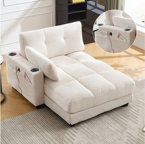 Sofa 1-osobowa z tapicerowanym oparciem, portem USB i uchwytem na kubek – beżowy sztruks