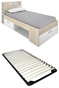 Łóżko z zagłówkiem, ze skrzynią i szufladą - 90 x 190 cm - Biały i naturalny + stelaż - LEANDRE