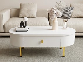 Nowoczesny stolik kawowy - 2 szuflady z uchwytami i złotymi nogami - MDF - Biały