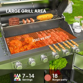 Outsunny Grill Gazowy 8500BTU z Wózkiem, 6 Palników ze Stali Nierdzewnej, Termometr, Regulator Ciśnienia 141 x 55 x 110 cm Srebrny