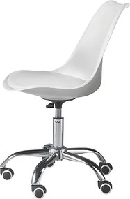 Biały obrotowy fotel biurowy "Dorian" z polipropylenu z siedziskiem ze skóry ekologicznej i chromowaną metalową podstawą cm 49x47 82/96h