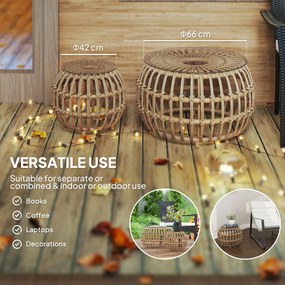 Outsunny Zestaw 2 Stolików Bocznych z Polirattanu Ø66/42 cm Okrągłe Wodoodporne z Blatem ze Szkła Brązowe