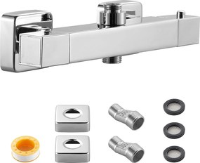 Bateria Termostatyczna Prysznicowa SucceBuy z Blokadą Zabezpieczającą 38°C, Kran Prysznicowy Termostatyczny do Ciepłej i Zimnej Wody, 2 Otwory, Chrom Srebrny