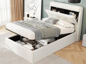 Łóżko 90x200 cm - z ekoskóry - wezgłowie z miejscem do przechowywania - Białe