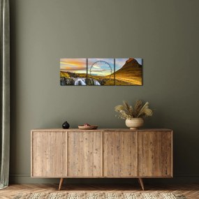 Zdjęcie góry i wodospadów na Islandii (z zegarem) (90x30 cm)