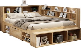 Łóżko dziecięce 140×200 cm - z 1 szufladą - z półką na książki i schowkiem - stelaż listwowy - naturalny (bez materaca)