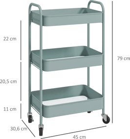 HOMCOM Wielofunkcyjny Wózek Kuchenny, Wózek Pomocniczy, 3 Półki, 4 Kółka, 45 cm x 30,6 cm x 79 cm, Jasnoniebieski